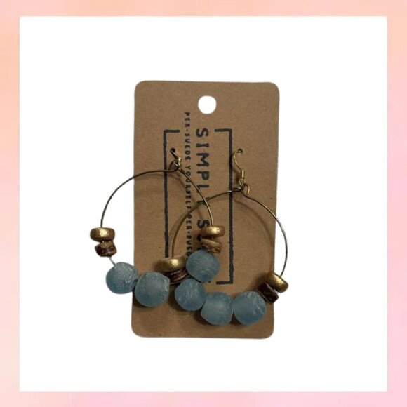Jewelry - Blue Frosted Sea Glass Beaded Hoop Earrings Gold Accent Boho Coastal